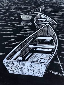 Cynthia Cratsley • <em>Rowboats, Star Island</em> • Linocut • 9“×12“ • $325.00