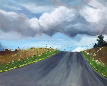 Patty Porter • <em>Satterly Road Crows</em> • Oil on canvas • 20“×16“ • $550.00<a class="purchase" href="https://state-of-the-art-gallery.square.site/product/patty-porter-satterly-road-crows/226?cp=true&sa=false&sbp=false&q=false&category_id=32" target="_blank">Buy</a>