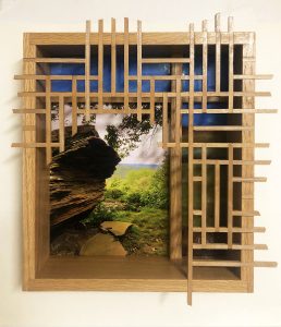 Eva M. Capobianco • <em>FLT – Map 30, Boulder with Lattice</em> • Photo, stained glass and re-used wood • 15“×17“×3½“ • $525.00<a class="purchase" href="https://state-of-the-art-gallery.square.site/product/eva-m-capobianco-flt-map-30-boulder-with-lattice/275" target="_blank">Buy</a>