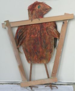 Mary Ann Bowman • <em>Red Bird with frame</em> • Wood, canvas, wire • 22“×28“×2½“ • $625.00<a class="purchase" href="https://state-of-the-art-gallery.square.site/product/mary-ann-bowman-red-bird-with-frame/300" target="_blank">Buy</a>