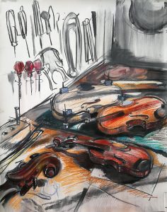 Irina Kassabova • <em>The Luthier III</em> • Charcoal and pastel on paper • 32“×40“ • NFS