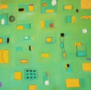 Ethel Vrana • <em>Yellow-orange and Green</em> • Oil on canvas • 36“×36“ • $1,240.00<a class="purchase" href="https://state-of-the-art-gallery.square.site/product/ethel-vrana-yellow-orange-and-green/501" target="_blank">Buy</a>
